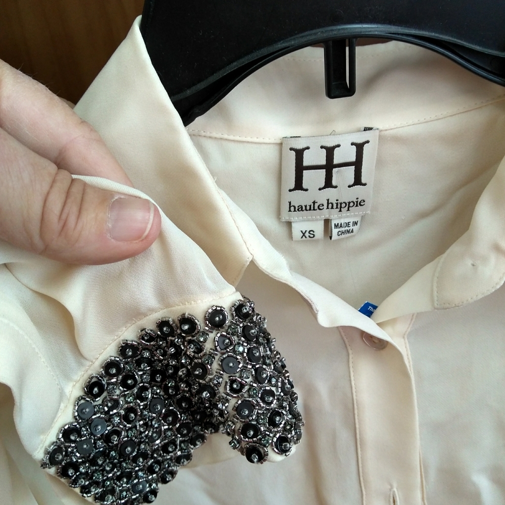 HH Haute Hippie silk blouse Beaded cuffs cross over hem